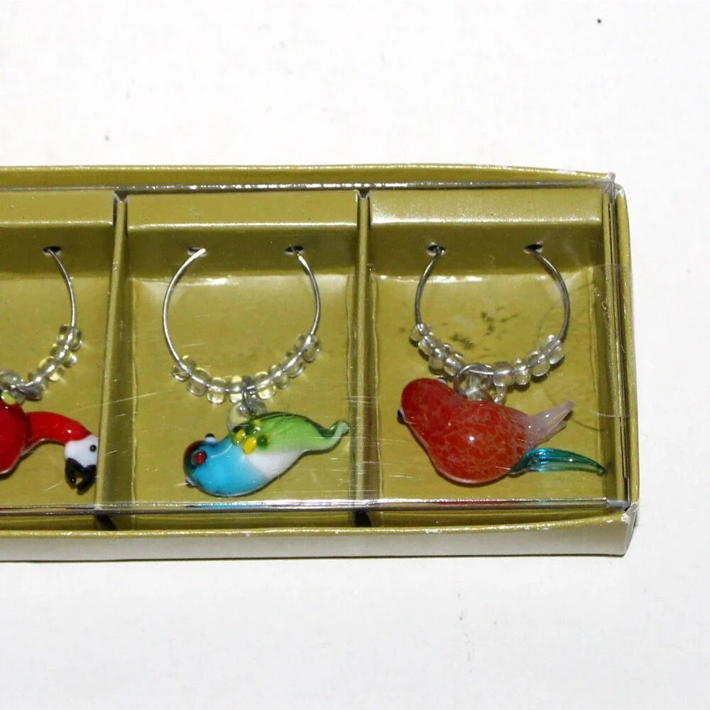 Pier 1 Imports Wine Glass Drink Charms set of 6 glass birds NEW NOS